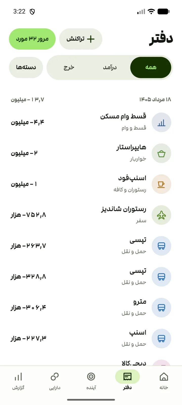 صفحهٔ دفتر: تراکنش‌های هر روز با دسته و مبلغ، و جمع روز کنار تاریخ